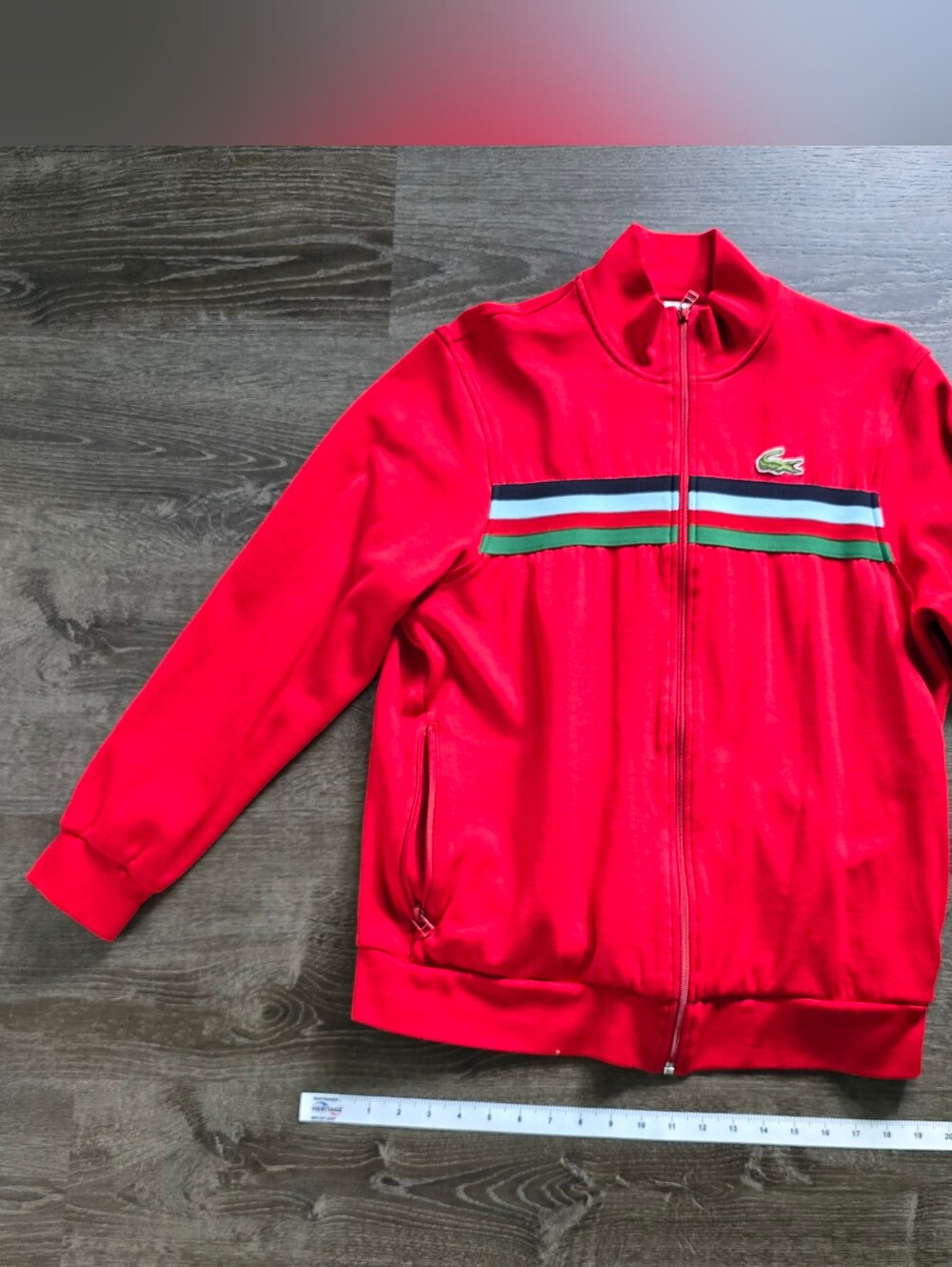 Lacoste Red Zip Track Jacket with Striped Chest